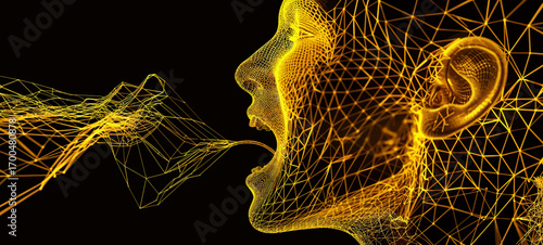 The image is a glowing wireframe of a woman's face