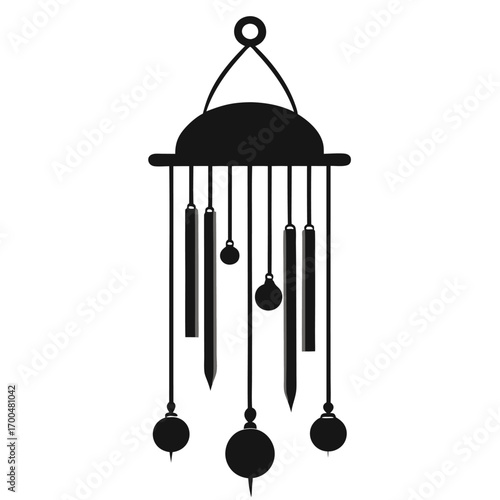 Elegant Black Silhouette of Hanging Wind Chimes with Ornate Details and Spherical Weights