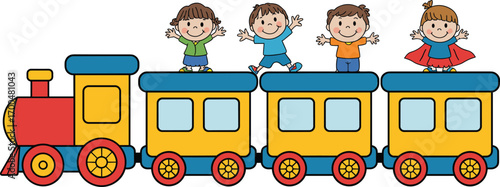 Happy cartoon children standing on colorful train, educational transport illustration, kids enjoying ride, fun and learning through playful journey