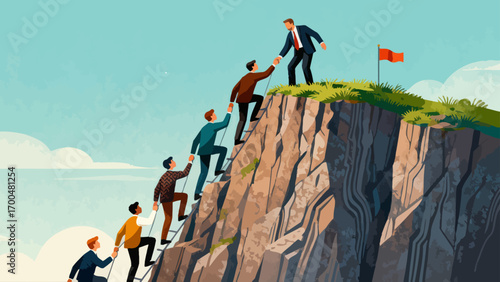 Business people climb to the top of the mountain, while leaders help teams climb over the cliff to reach their goals. The business philosophy is about leadership and teamwork