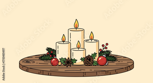 Christmas Candles on Wooden Tray: Festive Holiday Decoration