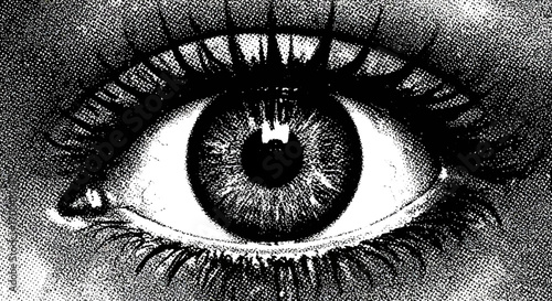 Monochromatic eye illustration with halftone effect, capturing detail and intensity