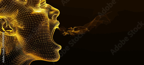 The image is a glowing wireframe of a woman's face
