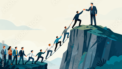 Business people climb to the top of the mountain, while leaders help teams climb over the cliff to reach their goals. The business philosophy is about leadership and teamwork
