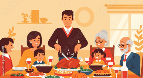 Happy Family Thanksgiving Dinner: Father Carving Turkey in Flat Vector Style