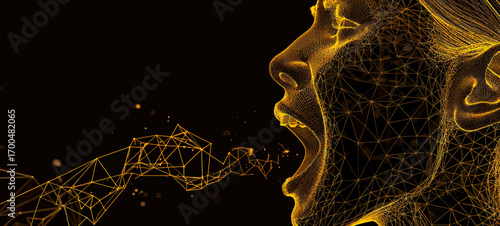 The image is a glowing wireframe of a woman's face