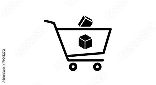 Black Outline Shopping Cart Icon with Abstract Boxes on White Background