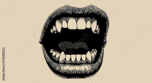 Open mouth with vampire fangs illustration in vintage halftone style