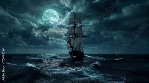 Mysterious sailing ship navigates choppy dark ocean waters under a luminous full moon and dramatic stormy clouds