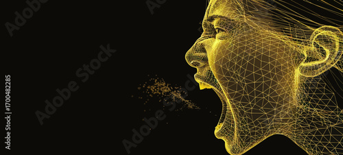The image is a glowing wireframe of a woman's face