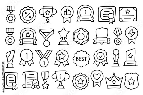 Hand drawn reward icons set, doodle badges and medals, trophy sketch, award certificate, star symbol, winner ribbon, achievement crown, champion badge illustration for success and recognition