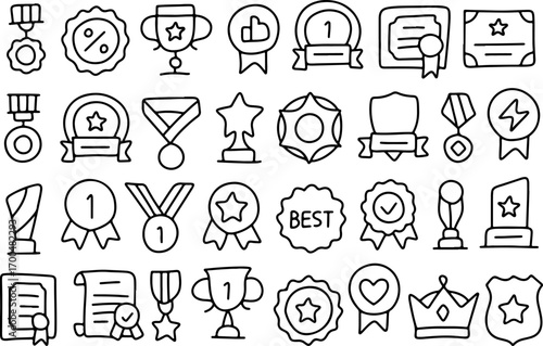 Hand drawn reward icons set, doodle badges and medals, trophy sketch, award certificate, star symbol, winner ribbon, achievement crown, champion badge illustration for success and recognition
