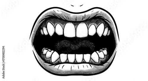 Dramatic Pop Art Mouth with Teeth Vector Illustration in Black and White