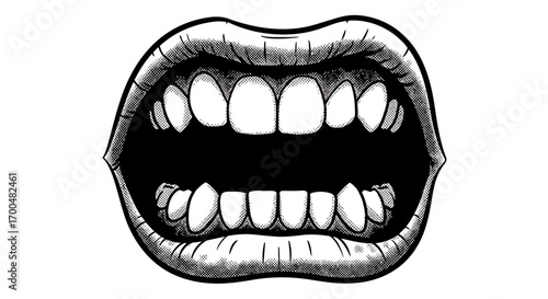 Illustration of an open mouth with teeth in black and white halftone style