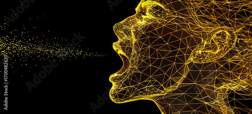 The image is a glowing wireframe of a woman's face