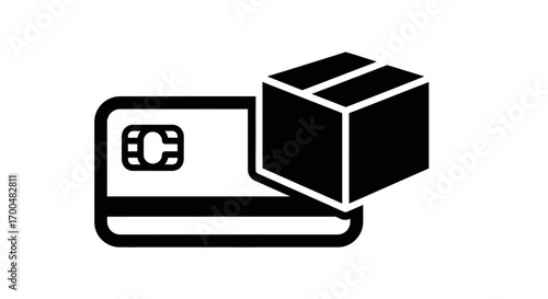 Illustrative Black Icon: Credit Card with Shipping Box for Online Payment