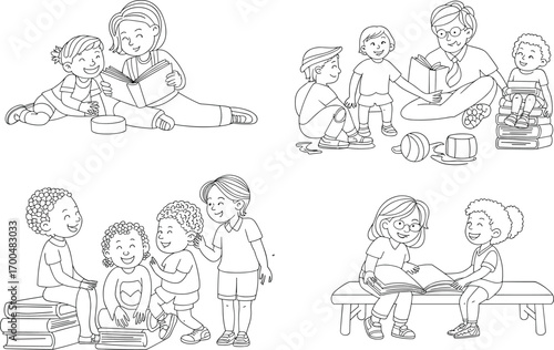 Happy children learning and reading with teachers, enjoying group study, fun education time, early childhood development, friendship, teamwork, literacy skills.