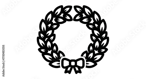 Elegant Black Outline Laurel Wreath with Ribbon Bow on White