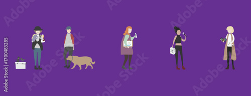 Collection of People and a Dog with Distinctive Accessories