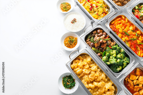 Assorted buffet dishes in stainless steel trays, including meats, vegetables, rice, and sauces, displayed in a catering setup with serving spoons and plates, isolated on white background.