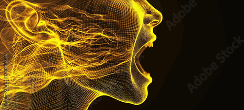The image is a glowing wireframe of a woman's face
