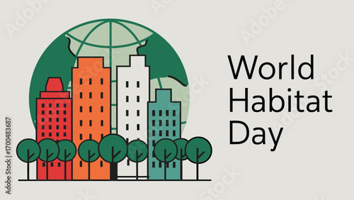 Vector art of world habitat day illustration with colorful buildings and trees against a green globe symbolizing urban development and environmental awareness