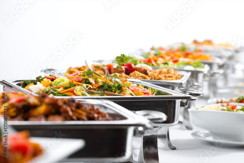 Assorted buffet dishes in stainless steel trays, including meats, vegetables, rice, and sauces, displayed in a catering setup with serving spoons and plates, isolated on white background.