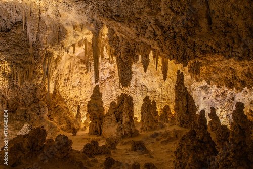 Limestone stalactites and stalagmites fill the caves of Carlsbad Caverns National Park, New Mexico.