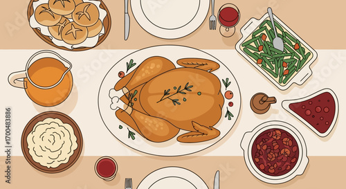 Vibrant Flat Lay Illustration of a Traditional Thanksgiving Holiday Feast