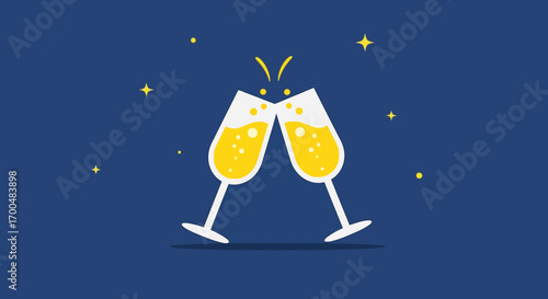 Stylized champagne flutes clinking with fizz starry dark blue backdrop.