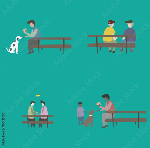 Four Scenes of People and Dogs at Picnic Tables outdoor