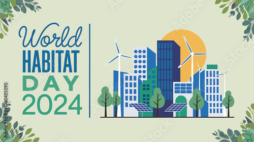Vector art of world habitat day 2024 illustration with an ecofriendly cityscape, wind turbines, solar panels, and decorative foliage on a light green background