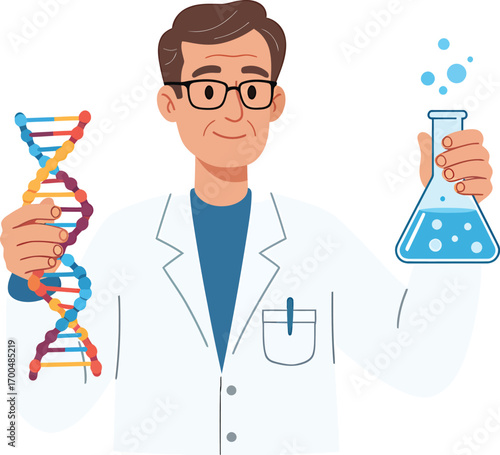 A friendly cartoon scientist specializing in genetics, holding a colorful DNA helix and a chemical flask for medical research