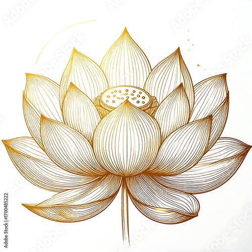 A detailed, gold-outlined lotus flower blossoms beautifully against a bright white background.