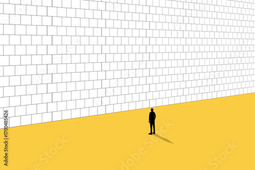 Businessman standing in front of a wall blocking his path forward. concept of Challenge, problem, and barrier