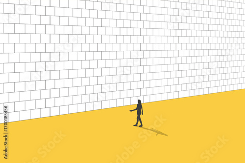 Business woman standing in front of a wall blocking his path forward. concept of Challenge, problem, and barrier