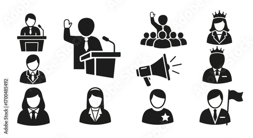 Collection of Flat Black Vector Icons for Politics Leadership and Communication