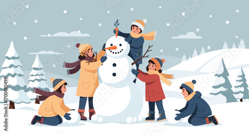 Group of cheerful kids building a snowman in a snowy winter landscape flat art.