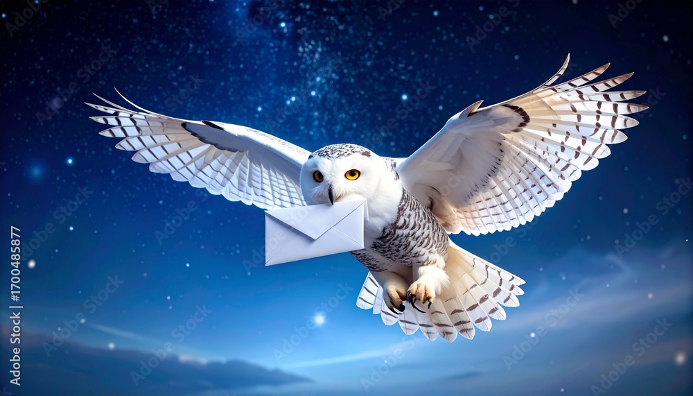 Obraz premium A white owl, a wizard's messenger, flies through the night sky over London, England, delivering letters.