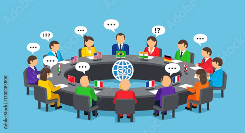 Flat Isometric G20 Global Summit Meeting with Nations Discussing Issues