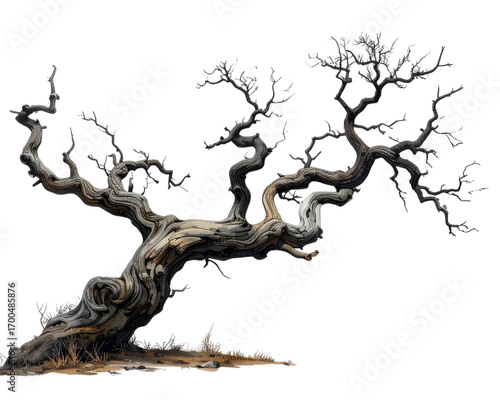 _A gnarled leafless tree branch isolated on a transparent background