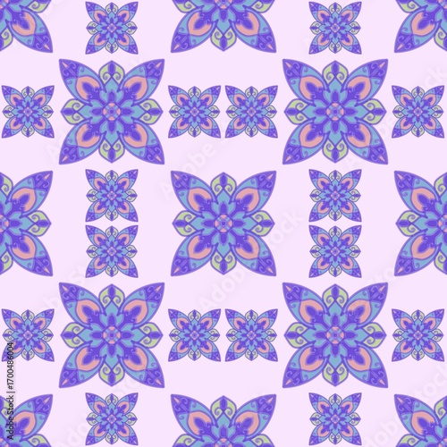 Blue and purple seamless pattern with flowers doodle mandala 