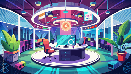 Breathtaking 360-degree panorama of a tech startup office, highlighting a white standing desk, ergonomic chair, glass partitions, and playful neon signs, combining productivity with youthful, dynamic 