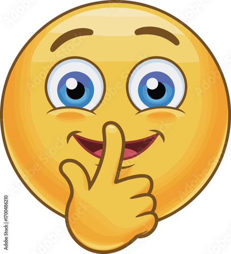 Smiling emoji with finger on lips making shhh gesture, cute cartoon emoticon signaling silence or secret, expressive reaction face flat vector illustration