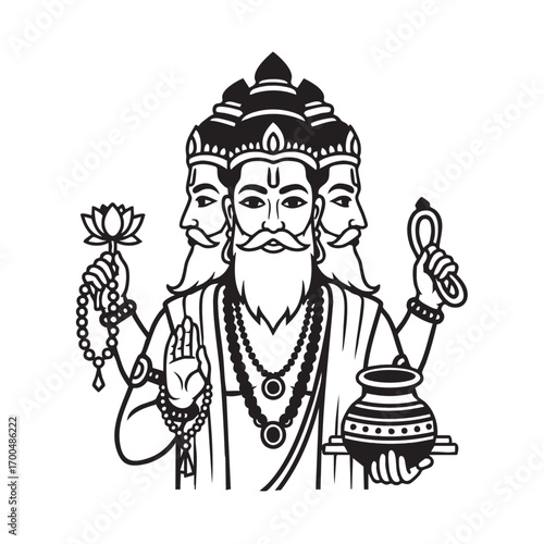 Vector Illustration of Hindu Trimurti Deity in Modern Minimalist Style with Black White Color Scheme