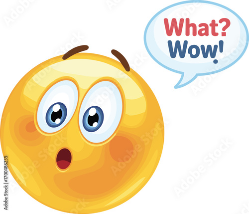 Surprised emoji face with wide eyes and open mouth, cartoon smiley showing shock and amazement, expressive emoticon with speech bubble saying What Wow, flat vector illustration
