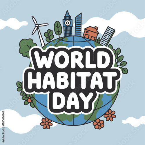 Vector art of whimsical illustration for world habitat day, showing the earth adorned with buildings, trees, flowers, and wind turbines, representing a harmonious blend of urban life and nature