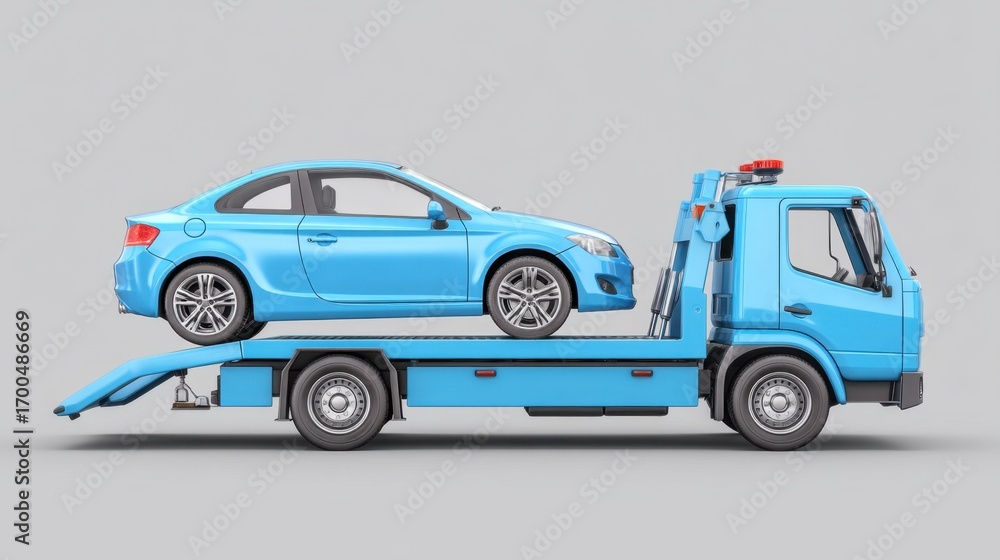 Fototapeta premium Blue Tow Truck with Sporty Car on Flatbed Transporting Vehicle in Urban Environment, Modern Design and Bright Colors, Automotive Services Concept