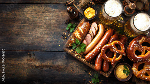 Oktoberfest Beer Backgrounds – Bavarian Festival Wooden Table, Beer Mugs, Pretzels, Sausages, Blue White Decorations