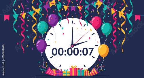Celebratory Countdown Clock with Colorful Decorations and Presents
